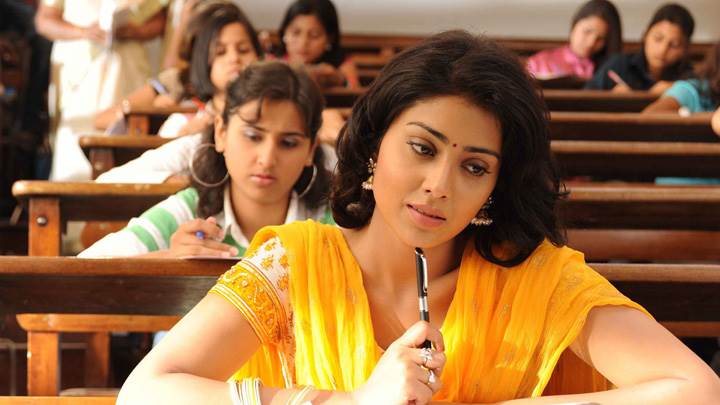 Shriya Saran In Yellow Dress Thinking Photoshoot In Exam